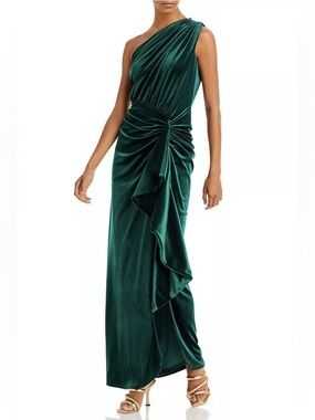 Tadashi Shoji Lotten Waterfall Velvet Gown Small One Shoulder Dress Pine Green
